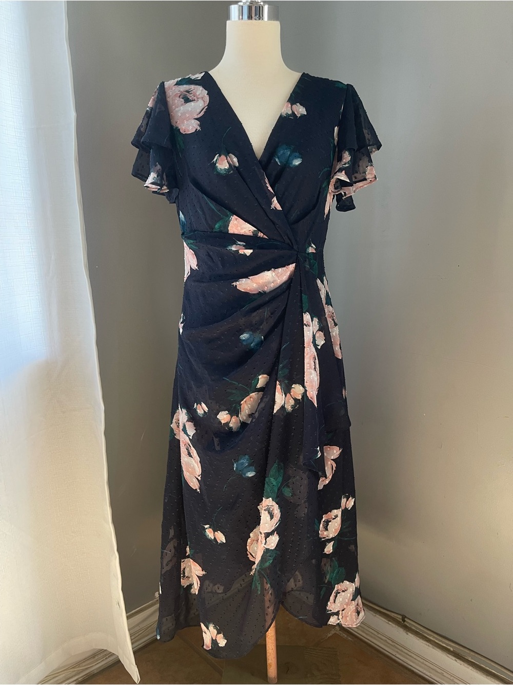 DKNY Navy Midi Dress with Pink Floral Print